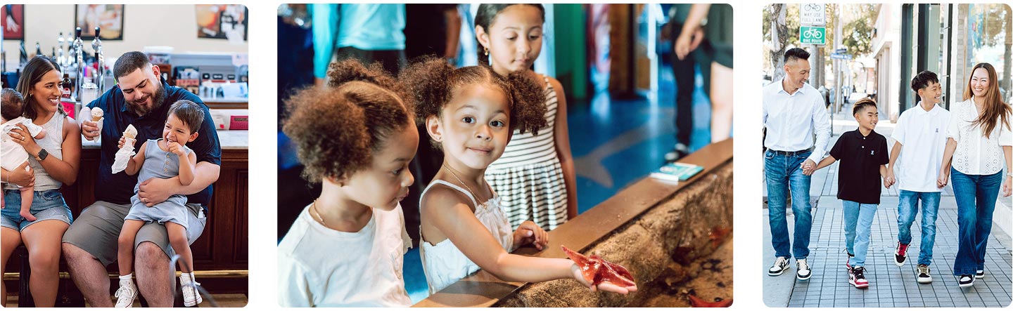 3 photos of families enjoying activities together.